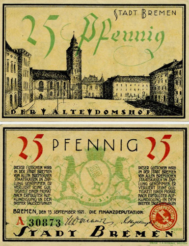 фото Германия Нотгельд 25 пфеннигов 1921 F-VF Бремен