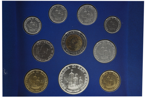 фото Сан-Марино набор из 10 монет 1993 UNC 1, 2, 5, 10, 20, 50, 100, 200, 500, 1000 лир (серебро)