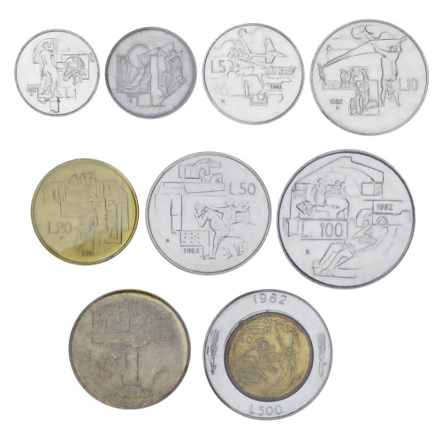 фото Сан-Марино набор из 9 монет 1982 UNC 1, 2, 5, 10, 20, 50, 100, 200, 500 лир