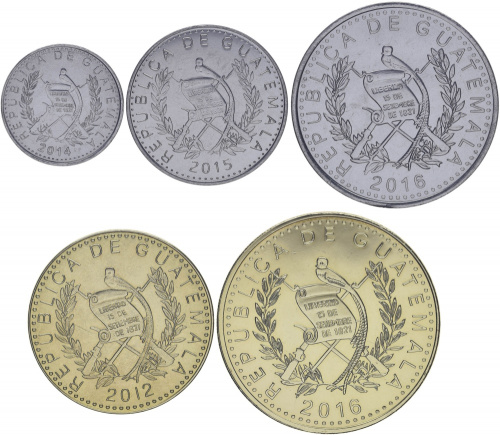 фото Гватемала набор из 5 монет 2012-2019 UNC 5, 10, 25, 50 сентаво, 1 кетцаль