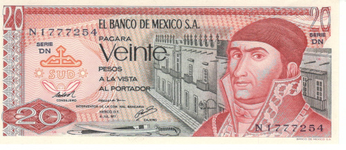 фото Мексика 20 песо 1977 UNC (P64d)