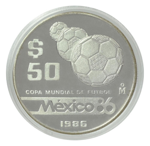 фото Мексика 50 песо 1986 Серебро Proof Чемпионат мира по футболу в Мексике в 1986 году - Мячи