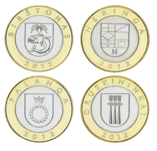 фото Литва набор из 4 монет по 2 лита 2012 Биметалл UNC Курорты Литвы