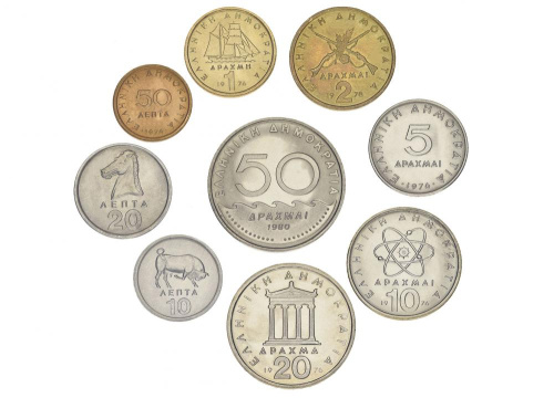 фото Греция набор из 9 монет 1976-1980 UNC 10, 20, 50 лепта 1, 2, 5, 10, 20, 50 драхма