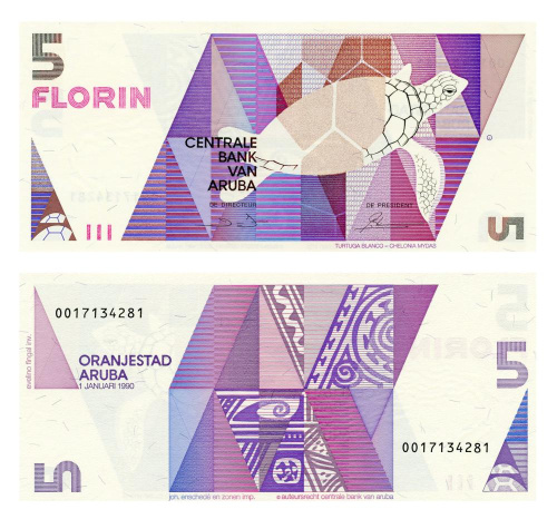 фото Аруба 5 флоринов 1990 UNC Черепаха (P6)