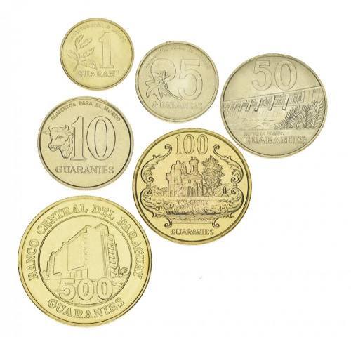 фото Парагвай набор из 6 монет 1990-2002 UNC 1, 5, 10, 50, 100, 500 гуарани