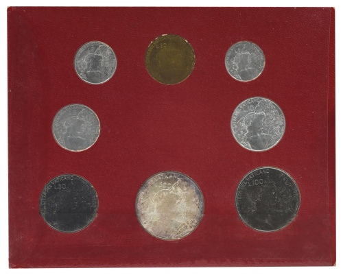 фото Ватикан набор из 8 монет 1966 AU-UNC 1, 2, 5, 10, 20, 50, 100, 500 (серебро) лир