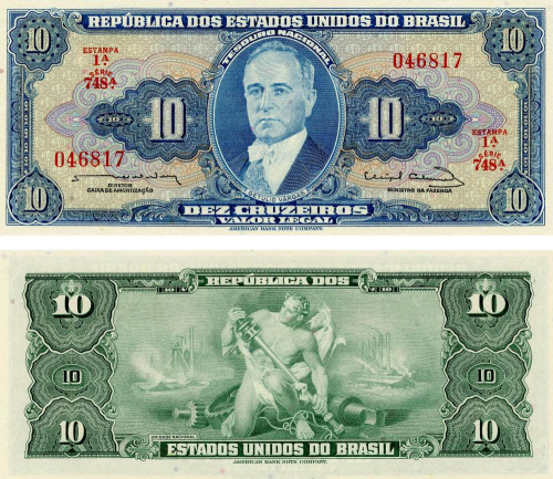 фото Бразилия 10 крузейро 1961-1963 UNC Голубая (P167)
