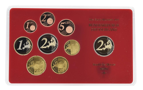 фото Германия набор из 9 монет евро 2008 UNC A 1, 2, 5, 10, 20, 50 евроцентов, 1, 2 евро, памятная 2 евро Блистер