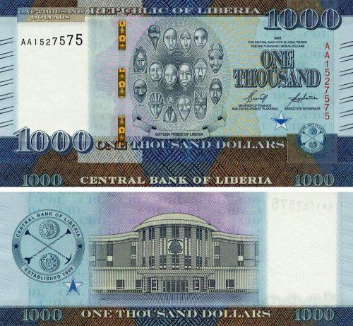 фото Либерия 1000 долларов 2022 UNC (Pnew)
