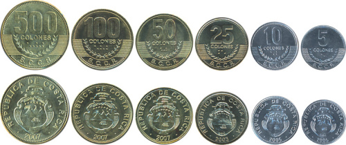 фото Коста-Рика набор из 6 монет 2003-2008 AU-UNC 5, 10, 25, 50, 100, 500 колонов