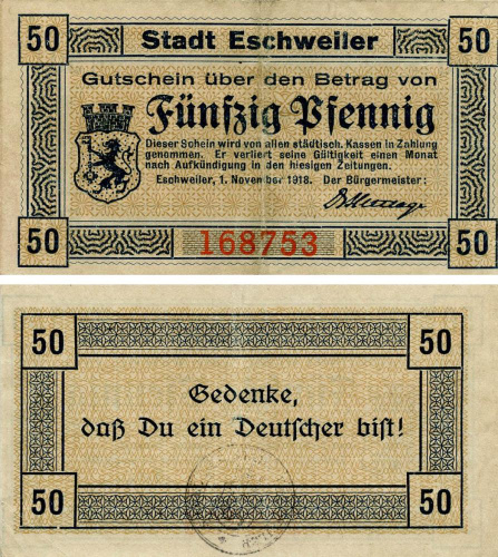фото Германия Нотгельд  50 пфеннигов  1918  F-VF Эшвайлер