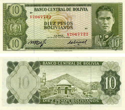 фото Боливия 10 боливиан 1962 AU-UNC (P154)