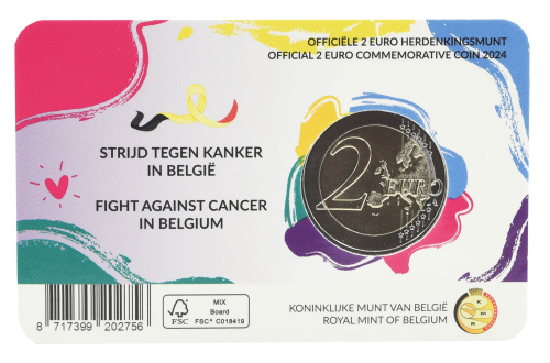 фото Бельгия 2 евро 2024 Биметалл UNC Борьба с раком в сувенирной упаковке
