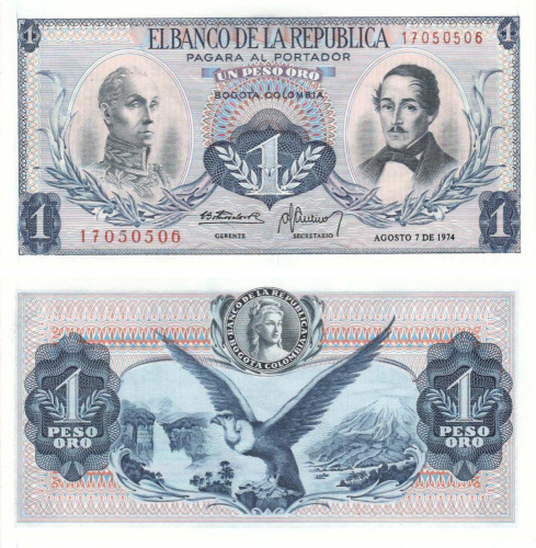 фото Колумбия 1 песо оро 1974 UNC (P404e)