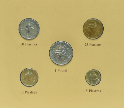 фото Ливан Набор монет 1975-1981 UNC 5, 10, 25, 50 пиастр, 1 фунт и 1 марка в сувенирной упаковке