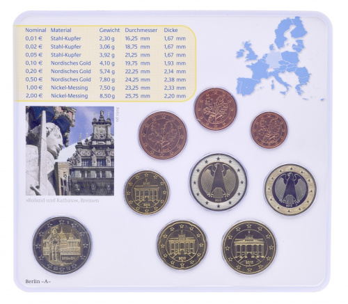 фото Германия набор из 9 монет евро 2010 UNC A 1, 2, 5, 10, 20, 50 евроцентов, 1, 2 евро, памятная 2 евро Блистер