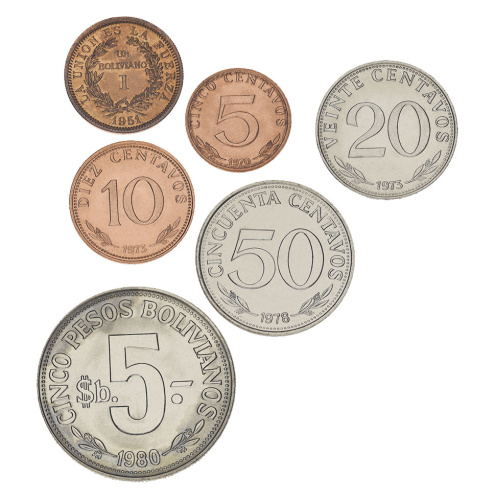 фото Боливия набор из 6 монет 1951-1980 AU-UNC 5, 10, 20, 50 сентаво, 1, 5 боливиано