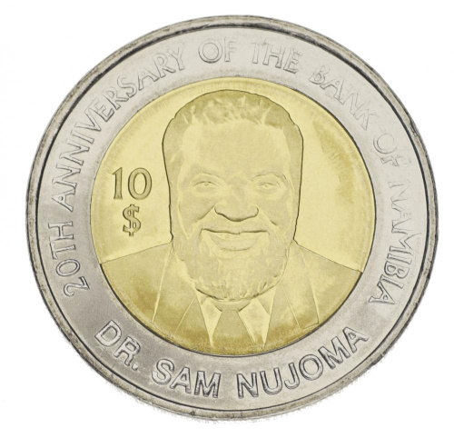 фото Намибия 10 долларов 2010 Биметалл UNC 20 лет Банку Намибии