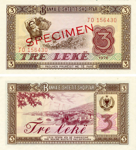 фото Албания 3 лека 1976 UNC SPECIMEN (P41s)