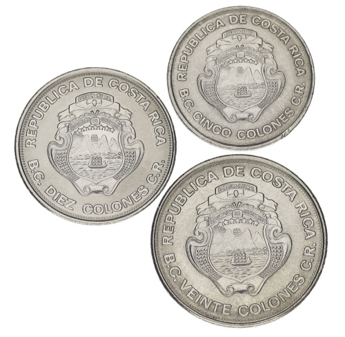фото Коста-Рика набор из 3 монет 1975 VF-AU 25 лет Центральному банку 5, 10, 20 колонов