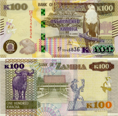 фото Замбия 100 квача 2021 UNC Буйвол (Pnew)