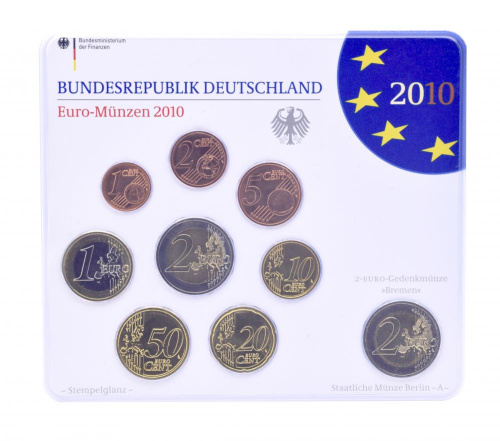 фото Германия набор из 9 монет евро 2010 UNC A 1, 2, 5, 10, 20, 50 евроцентов, 1, 2 евро, памятная 2 евро Блистер