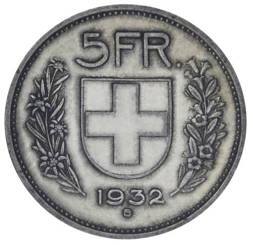 фото Швейцария 5 франков 1932 Серебро F-VF