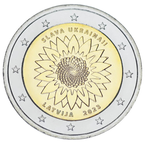 фото Латвия 2 евро 2023 Биметалл UNC Украина Подсолнух