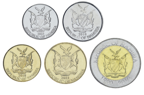 фото Намибия набор из 5 монет 2010-2023 UNC 10, 50 центов, 1, 5, 10 долларов