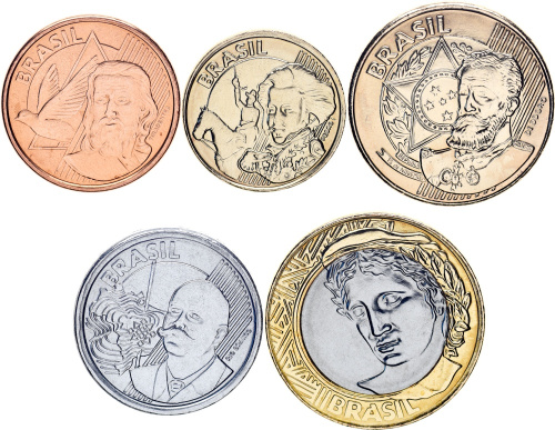 фото Бразилия набор из 5 монет 2010 UNC 5, 10, 25, 50 сентаво, 1 реал