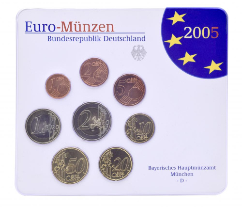 фото Германия набор из 8 монет евро 2005 UNC D 1, 2, 5, 10, 20, 50 евроцентов, 1, 2 евро в сувенирной упаковке