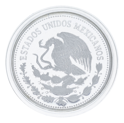 фото Мексика 25 песо 1986 Серебро Proof Чемпионат мира по футболу в Мексике в 1986 году - Надпись на мяче