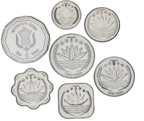 фото Бангладеш набор из 7 монет 1974-2013 AU-UNC 1, 5, 10, 25 пойша, 1, 2, 5 така
