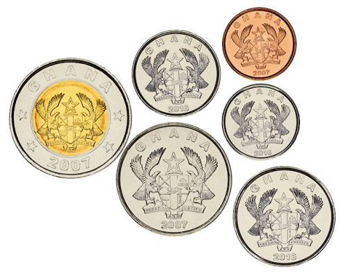 фото Гана набор из 6 монет 2007-2016 UNC 1, 5, 10, 20, 50 песева, 1 седи