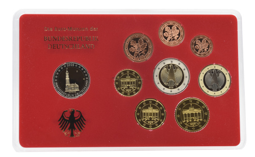фото Германия набор из 9 монет евро 2008 UNC D 1, 2, 5, 10, 20, 50 евроцентов, 1, 2 евро, памятная 2 евро Блистер