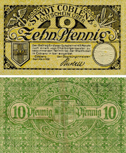 фото Германия Нотгельд  10 пфеннигов 1920  F-VF Кобленц