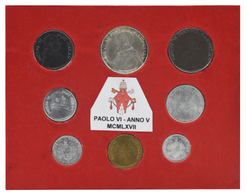 фото Ватикан набор из 8 монет 1967 AU-UNC 1, 2, 5, 10, 20, 50, 100, 500 (серебро) лир