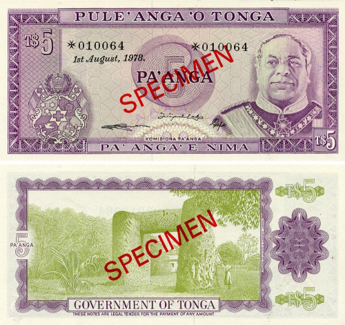 фото Тонга 5 паанга 1978 UNC Specimen (P21s)