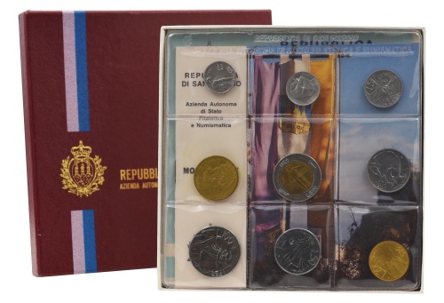 фото Сан-Марино набор из 9 монет 1985 UNC 1, 2, 5, 10, 20, 50, 100, 200, 500 лир