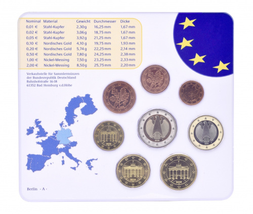фото Германия набор из 8 монет евро 2005 UNC A 1, 2, 5, 10, 20, 50 евроцентов, 1, 2 евро в сувенирной упаковке
