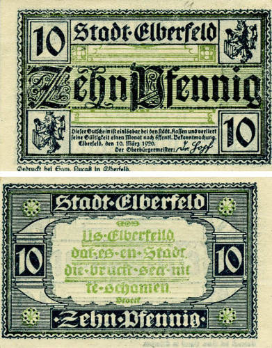 фото Германия Нотгельд  10 пфеннигов 1920  F-VF Эльберфельд