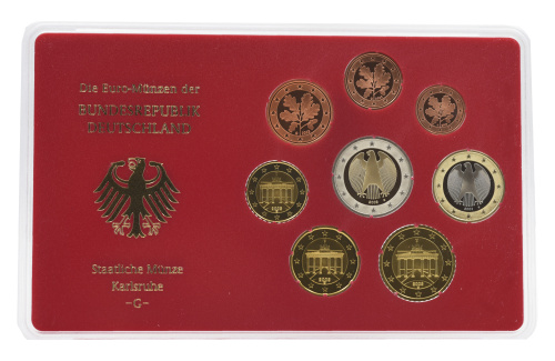 фото Германия набор из 8 монет евро 2003 UNC G 1, 2, 5, 10, 20, 50 евроцентов, 1, 2 евро в сувенирной упаковке